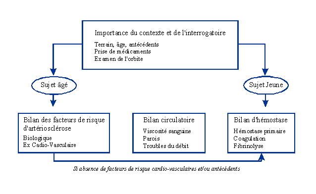 sch&eacute;ma &eacute;tiologique,  Copyright Drs T Desmettre & Y Le Mer. Derni&egrave;re r&eacute;vision le 10 sept. 1997 OPHTALMOLOGIE: Occlusions veineuses / COCNet